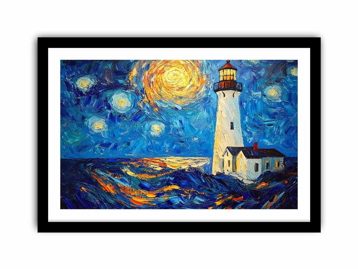 Coastal lighthouse canvas art with starry moonlit sky and ocean waves for modern living room decor.