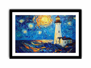 Coastal lighthouse canvas art with starry moonlit sky and ocean waves for modern living room decor.