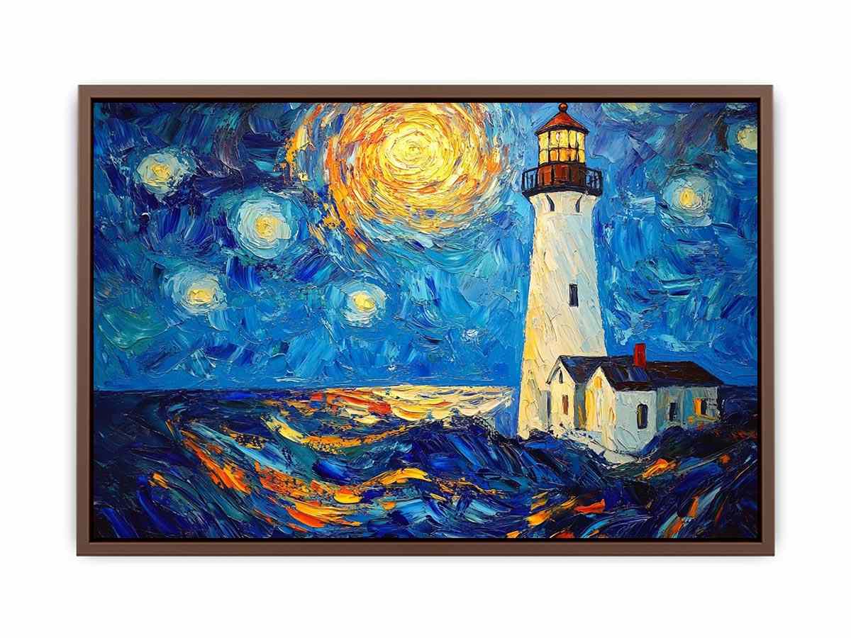 Coastal lighthouse canvas art with starry moonlit sky and ocean waves for modern living room decor.