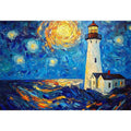 Coastal lighthouse canvas art with starry moonlit sky and ocean waves for modern living room decor.