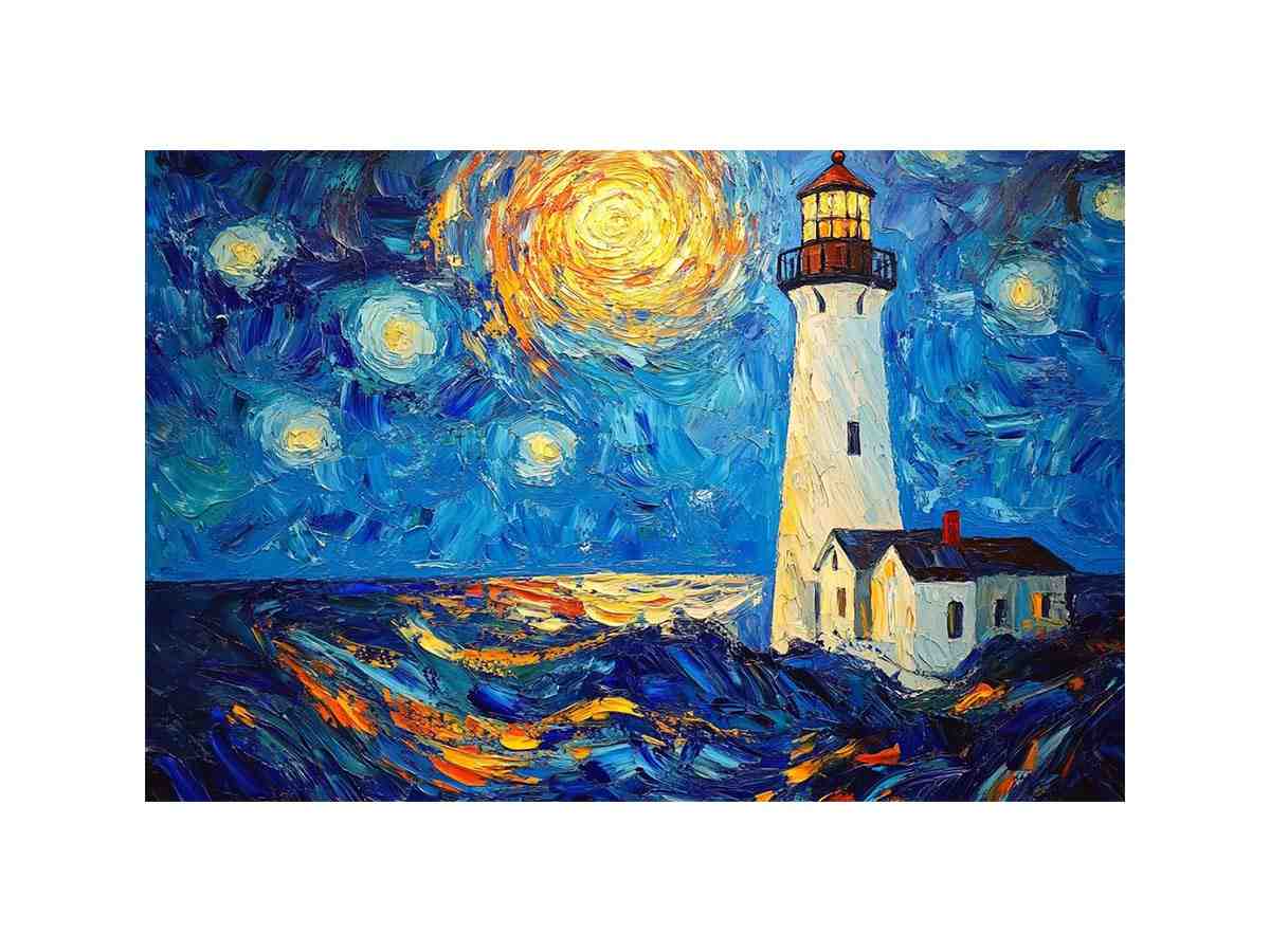 Coastal lighthouse canvas art with starry moonlit sky and ocean waves for modern living room decor.