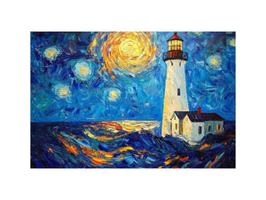 Coastal lighthouse canvas art with starry moonlit sky and ocean waves for modern living room decor.