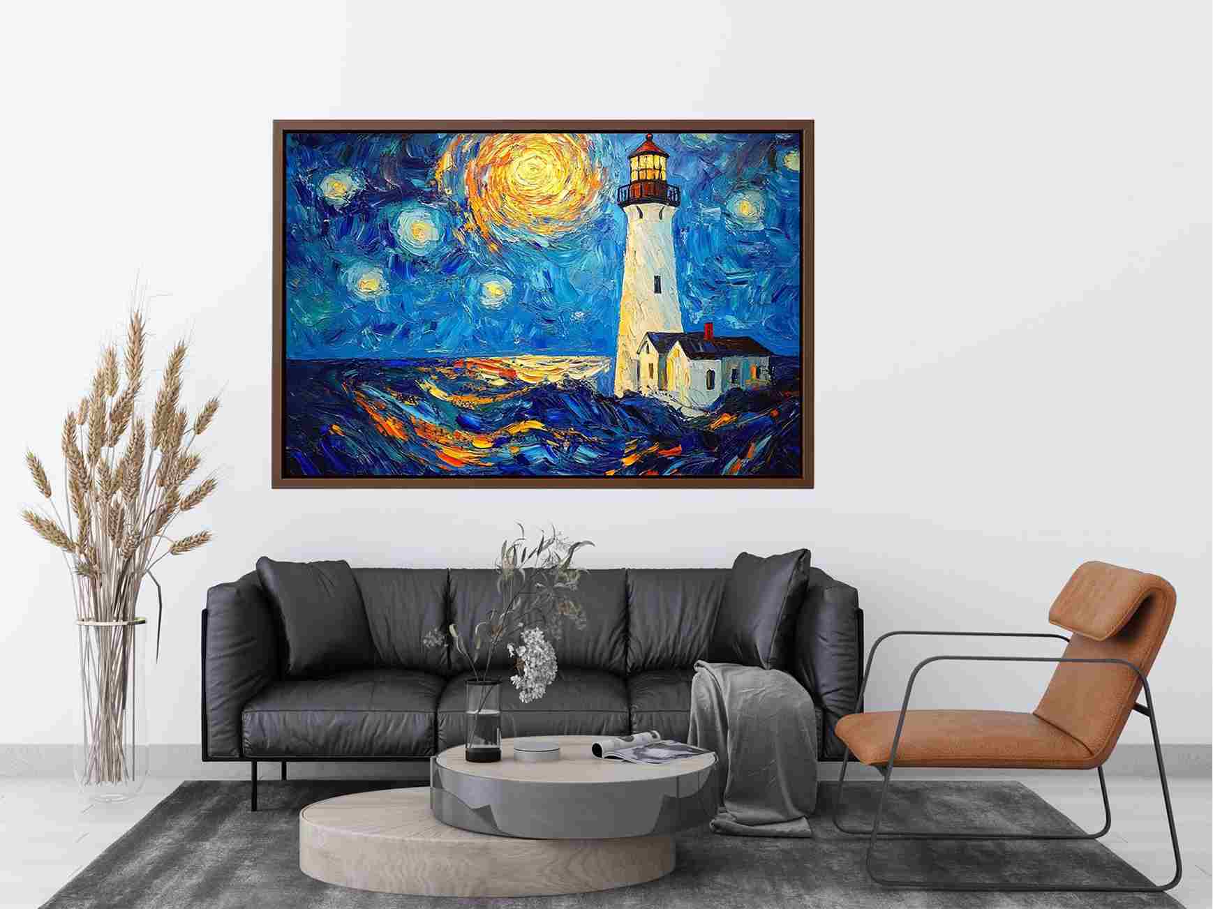 Coastal lighthouse canvas art with starry moonlit sky and ocean waves for modern living room decor.
