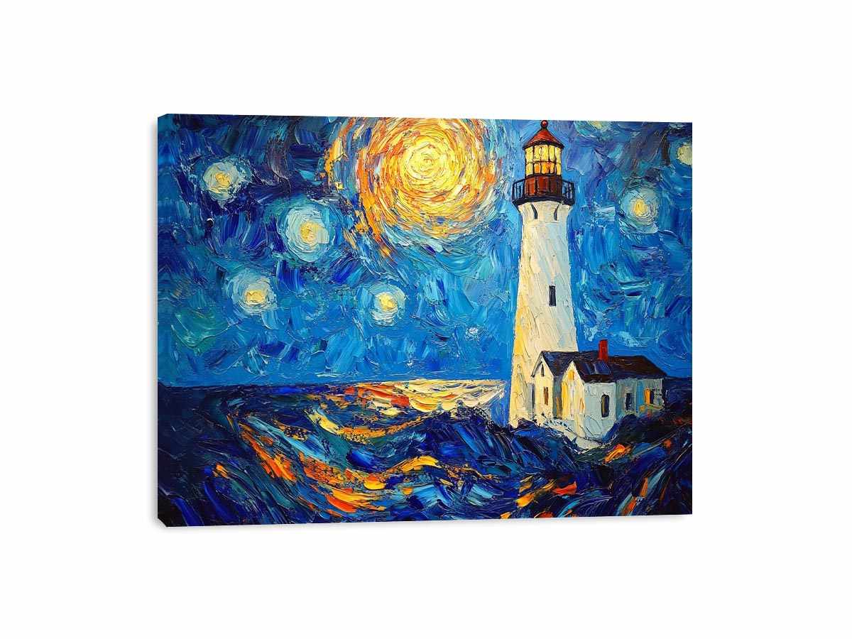 Coastal lighthouse canvas art with starry moonlit sky and ocean waves for modern living room decor.