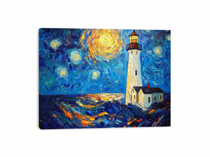 Coastal lighthouse canvas art with starry moonlit sky and ocean waves for modern living room decor.