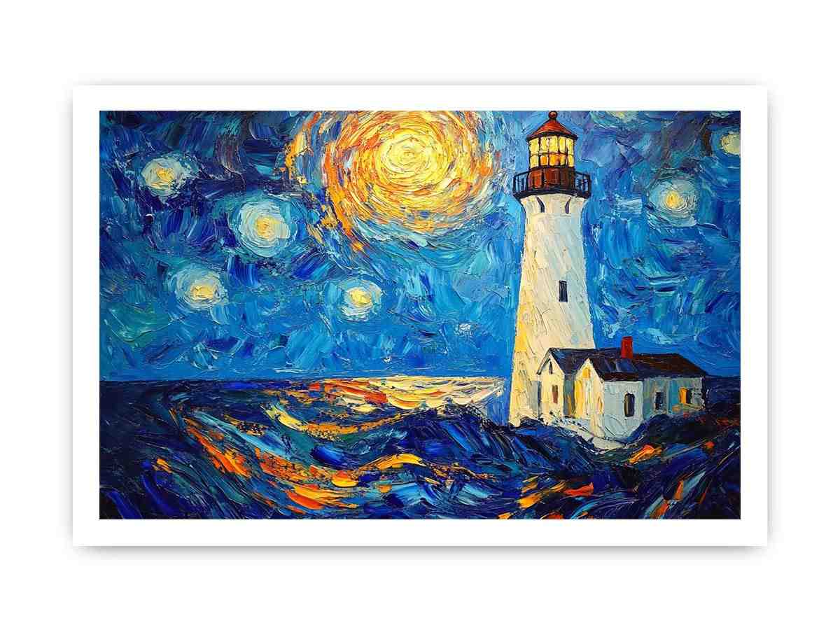 Coastal lighthouse canvas art with starry moonlit sky and ocean waves for modern living room decor.