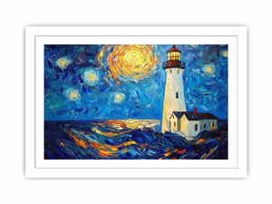 Coastal lighthouse canvas art with starry moonlit sky and ocean waves for modern living room decor.