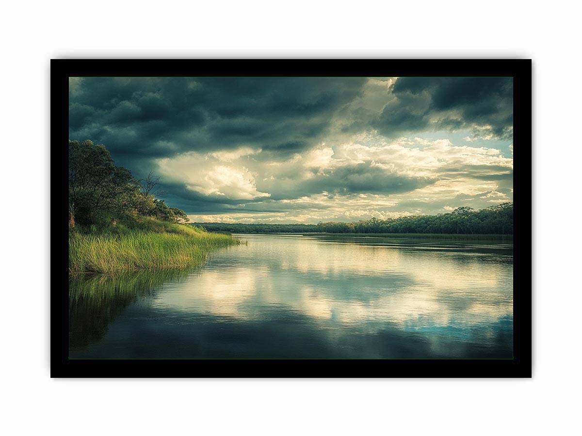 Moody lake canvas art with dramatic clouds and reflections for modern interior decor