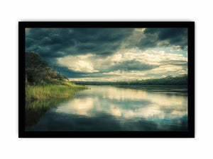 Moody lake canvas art with dramatic clouds and reflections for modern interior decor