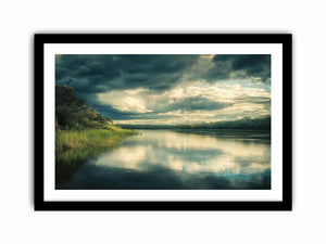 Moody lake canvas art with dramatic clouds and reflections for modern interior decor
