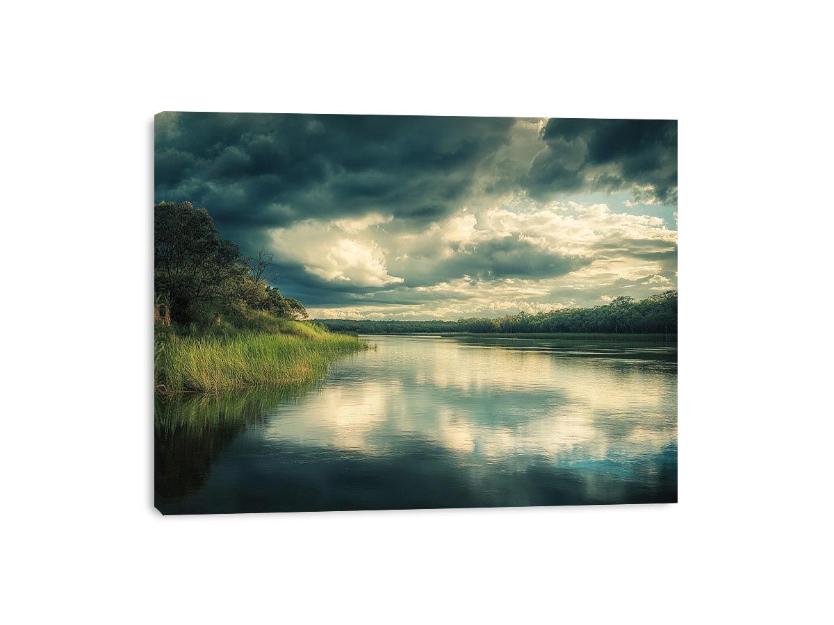Moody lake canvas art with dramatic clouds and reflections for modern interior decor