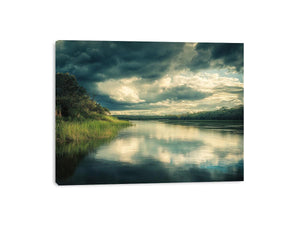 Moody lake canvas art with dramatic clouds and reflections for modern interior decor