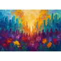 Colorful cityscape floral canvas art with silhouettes for vibrant modern living room decor