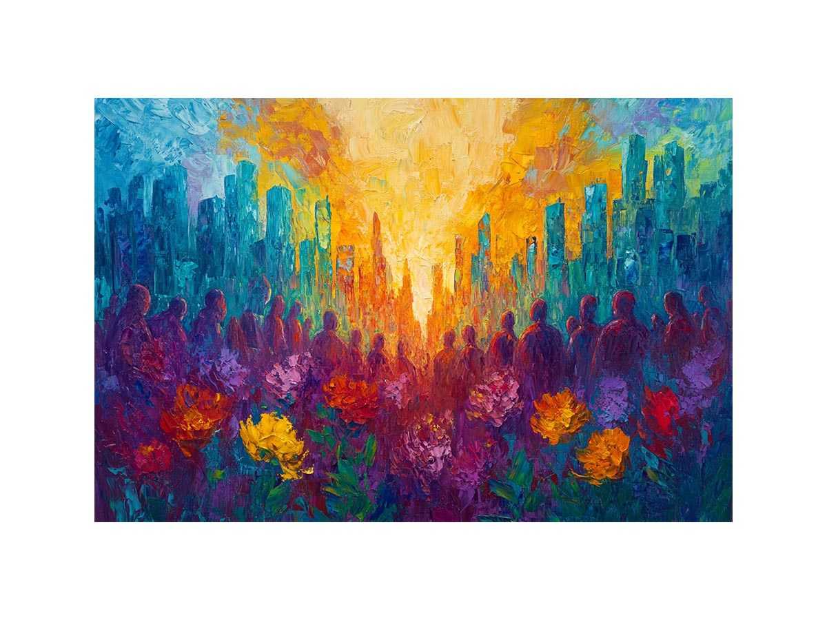 Colorful cityscape floral canvas art with silhouettes for vibrant modern living room decor