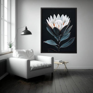 White protea flower artwork with minimalist botanical style for elegant bedroom decor