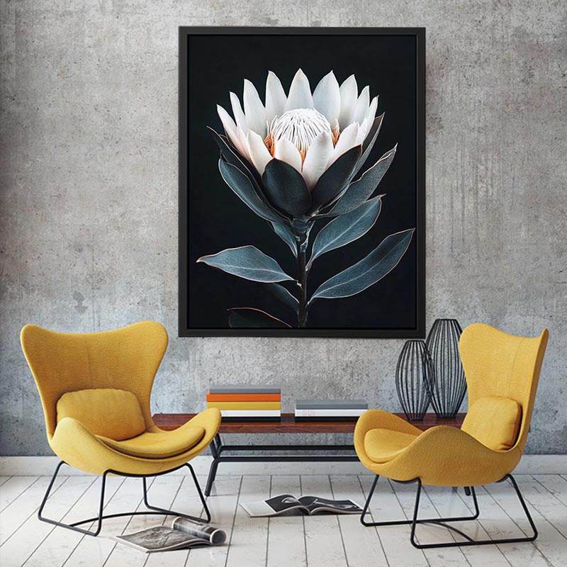 White protea flower artwork with minimalist botanical style for elegant bedroom decor