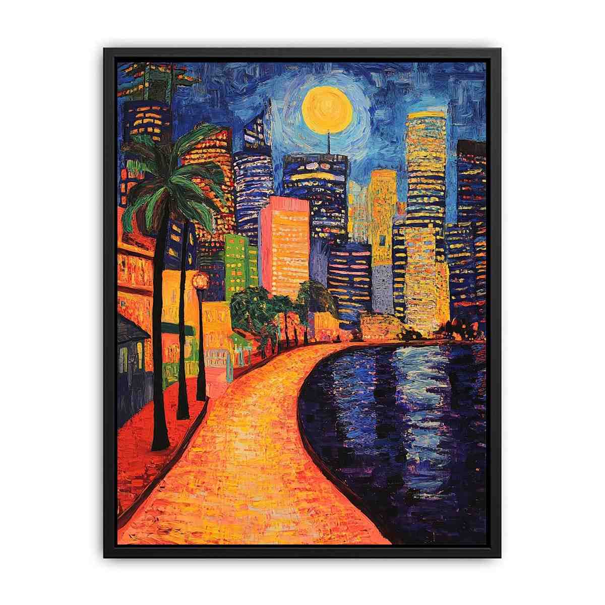 Colorful moonlit city waterfront artwork for contemporary living room decor.