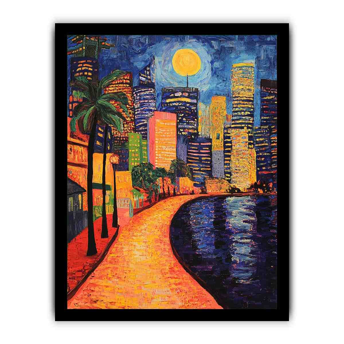 Colorful moonlit city waterfront artwork for contemporary living room decor.