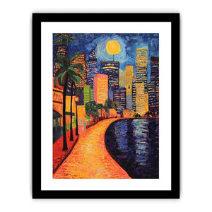 Colorful moonlit city waterfront artwork for contemporary living room decor.