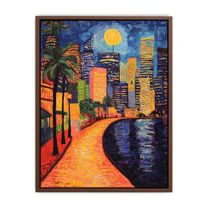 Colorful moonlit city waterfront artwork for contemporary living room decor.