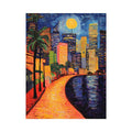Colorful moonlit city waterfront artwork for contemporary living room decor.