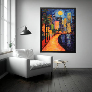 Colorful moonlit city waterfront artwork for contemporary living room decor.
