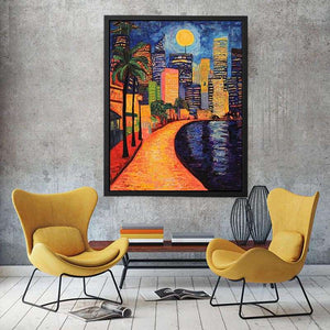 Colorful moonlit city waterfront artwork for contemporary living room decor.