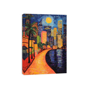 Colorful moonlit city waterfront artwork for contemporary living room decor.
