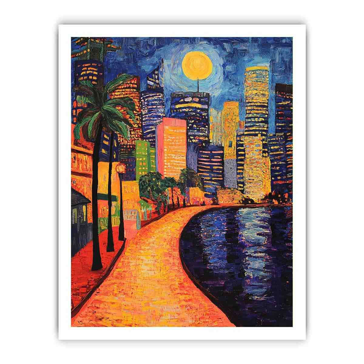 Colorful moonlit city waterfront artwork for contemporary living room decor.