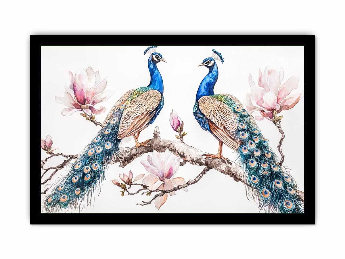 Peacock and magnolia floral artwork for elegant bedroom decor.