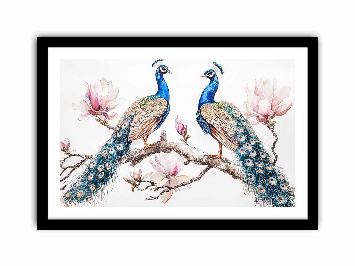 Peacock and magnolia floral artwork for elegant bedroom decor.