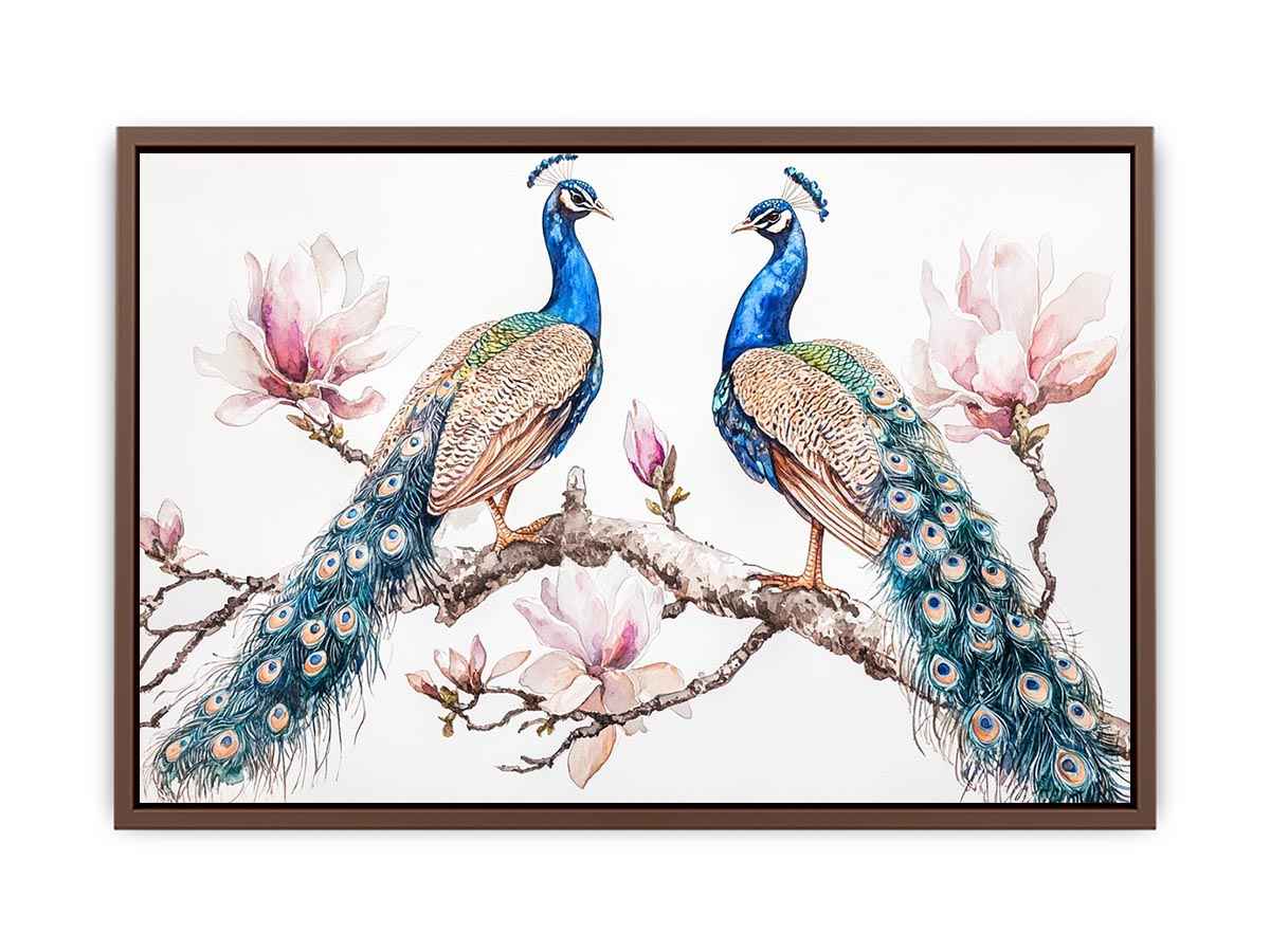 Peacock and magnolia floral artwork for elegant bedroom decor.