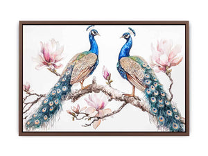 Peacock and magnolia floral artwork for elegant bedroom decor.
