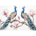 Peacock and magnolia floral artwork for elegant bedroom decor.