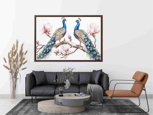 Peacock and magnolia floral artwork for elegant bedroom decor.