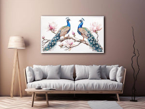 Peacock and magnolia floral artwork for elegant bedroom decor.