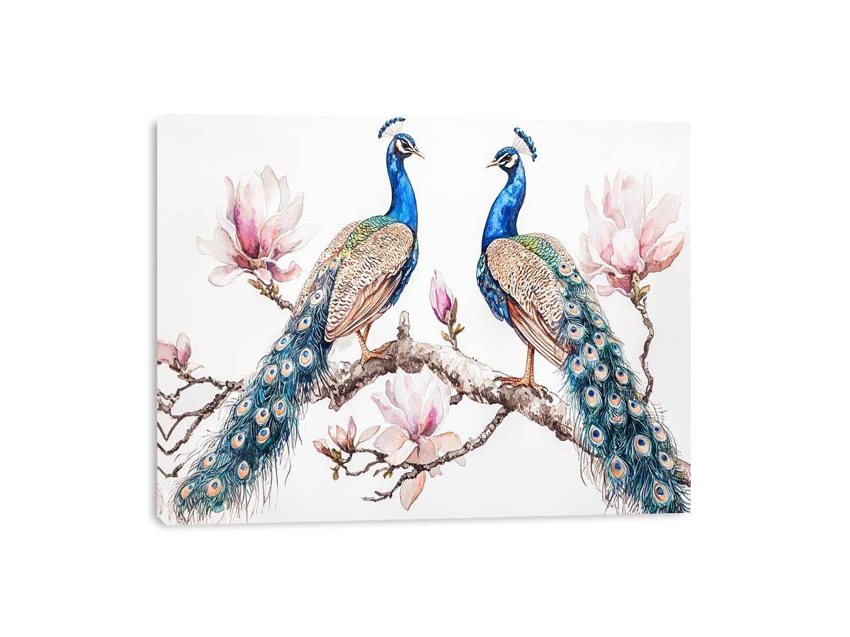 Peacock and magnolia floral artwork for elegant bedroom decor.