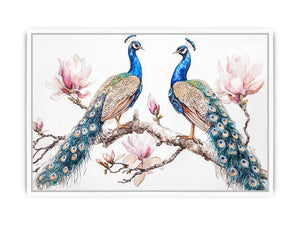 Peacock and magnolia floral artwork for elegant bedroom decor.