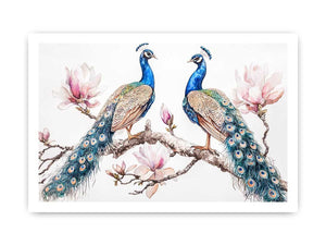 Peacock and magnolia floral artwork for elegant bedroom decor.