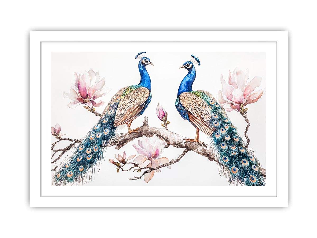 Peacock and magnolia floral artwork for elegant bedroom decor.