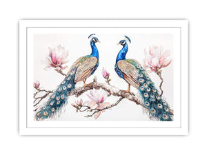 Peacock and magnolia floral artwork for elegant bedroom decor.