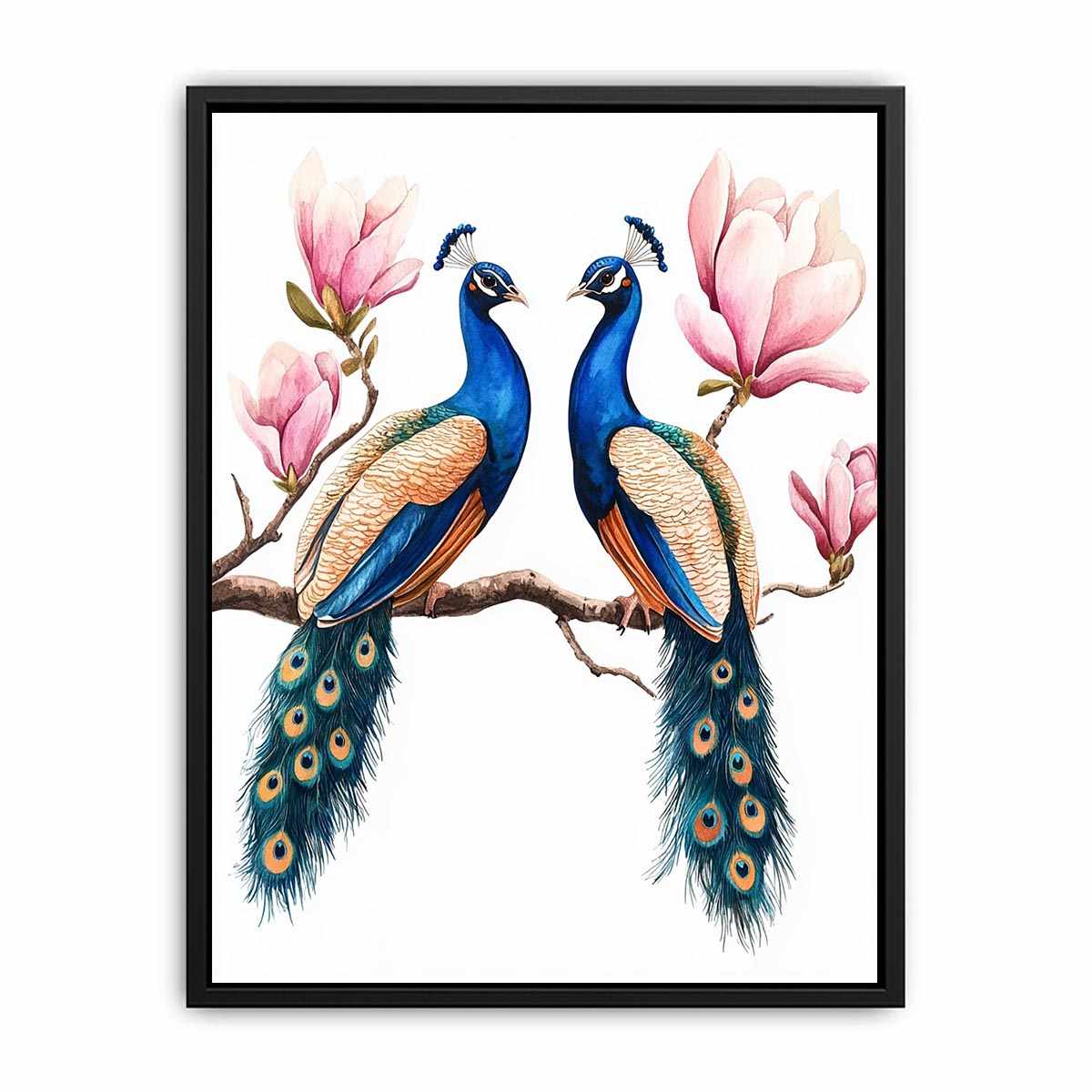 Peacock pair with pink blossoms artwork for elegant wall decor.