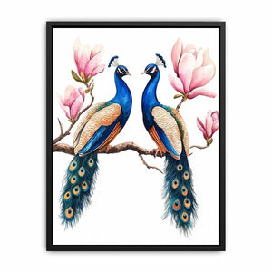 Peacock pair with pink blossoms artwork for elegant wall decor.