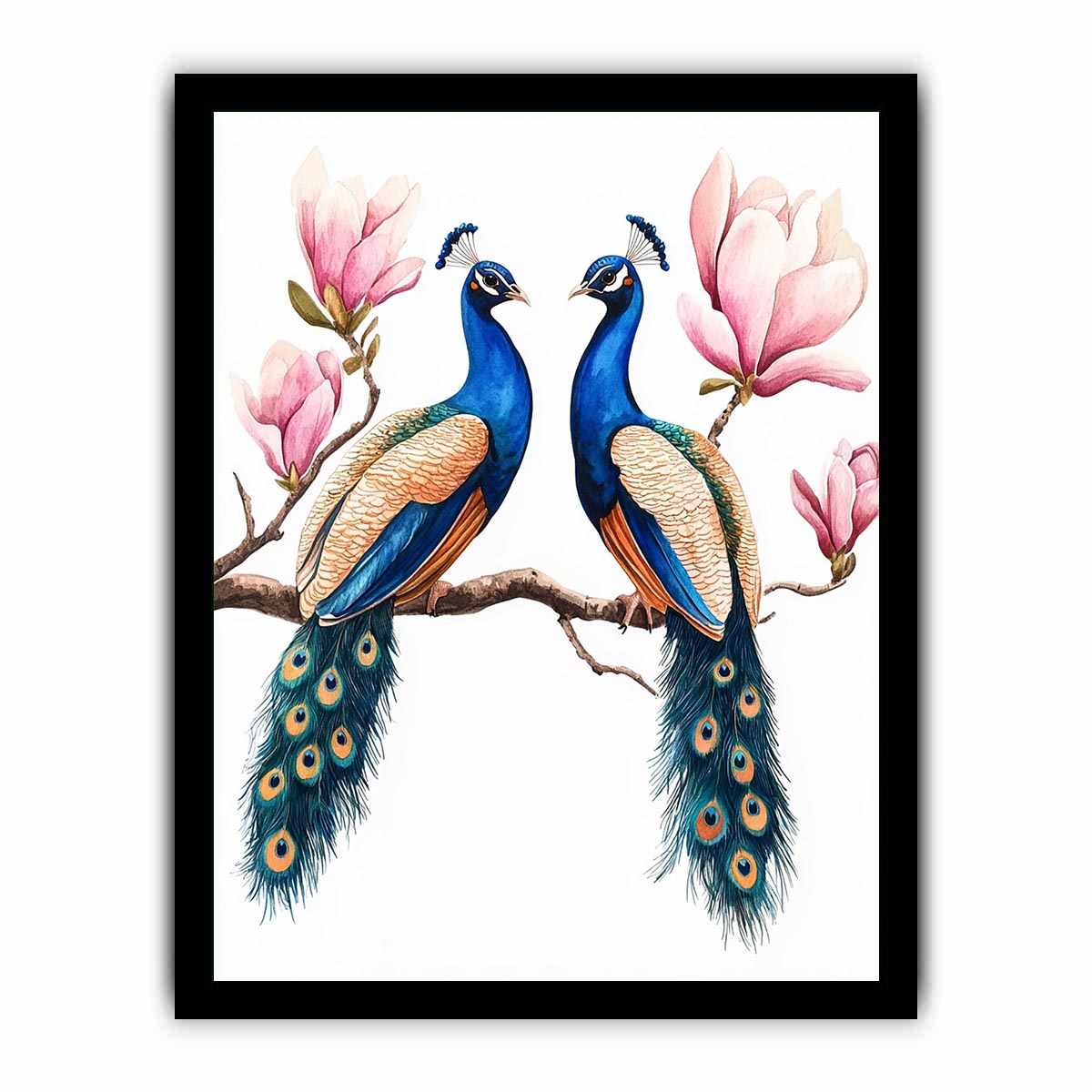Peacock pair with pink blossoms artwork for elegant wall decor.