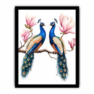Peacock pair with pink blossoms artwork for elegant wall decor.
