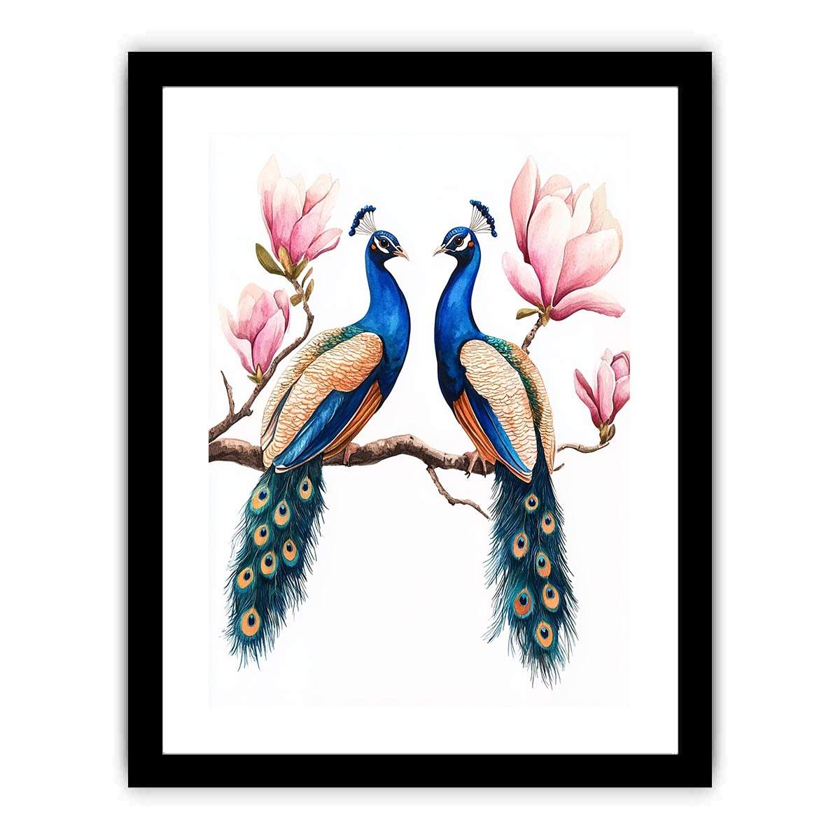 Peacock pair with pink blossoms artwork for elegant wall decor.
