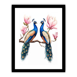 Peacock pair with pink blossoms artwork for elegant wall decor.