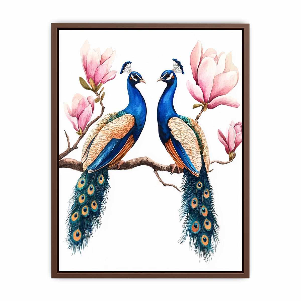 Peacock pair with pink blossoms artwork for elegant wall decor.