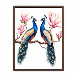 Peacock pair with pink blossoms artwork for elegant wall decor.