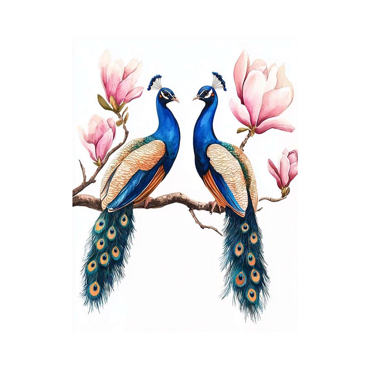 Peacock pair with pink blossoms artwork for elegant wall decor.